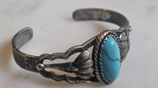 50’s Fred Harvey Era Navajo Turquoise Sterling Art & Design Cuff Bracelet Sz 6½” - Additional view 10