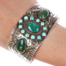 7.5" 30's Navajo Fred Harvey cluster turquoise cuff bracelet with rabbits