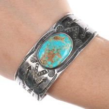 6.375" Vintage Fred Harvey Navajo hand stamped silver cuff bracelet turquoise