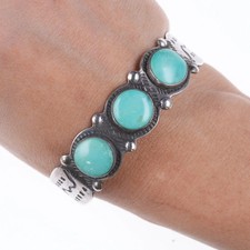 6.375" c1940's Fred Harvey style Sterling Snakes and turquoise cuff bracelet