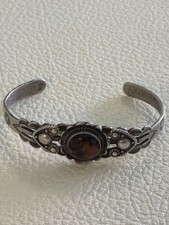 Old Vintage Navajo Fred Harvey Era Sterling Petrified Wood Stamped Cuff Bracelet