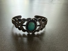 Old Fred Harvey Era Coin Silver Turquoise Thunderbird Cuff Bracelet, Stamped - Additional view 1