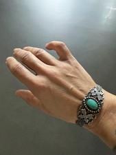 Old Fred Harvey Era Coin Silver Turquoise Thunderbird Cuff Bracelet, Stamped - Additional view 11