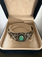 Old Fred Harvey Era Coin Silver Turquoise Thunderbird Cuff Bracelet, Stamped - Additional view 3