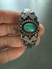 Old Fred Harvey Era Coin Silver Turquoise Thunderbird Cuff Bracelet, Stamped - Additional view 10