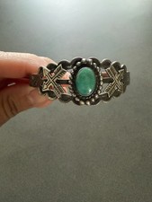 Old Fred Harvey Era Coin Silver Turquoise Thunderbird Cuff Bracelet, Stamped