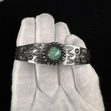 Fred Harvey Era Native American Sterling Silver Cuff Bracelet Green Turquoise - Additional view 5