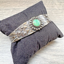 Fred Harvey Era Native American Sterling Silver Cuff Bracelet Green Turquoise