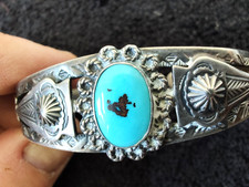 Navajo VTG sterl silver, turquoise, handstamped, cuff bracelet 1940s Fred Harvey