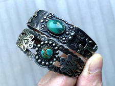 Rare Vintage Lot Of 2 Navajo Fred Harvey Era Sterling Silver Turquoise Bracelet