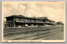 Santa Fe Station And Hotel, Dodge City, Kansas. Carriages, Truck. Fred Harvey