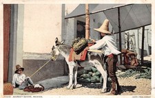 Mexico Postcard Market Scene Fred Harvey Phostint Mescal Donkey Sombrero c1910
