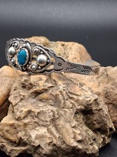 Vintage Fred Harvey Era Turquoise Cuff Bracelet, Signed Symbol Mark, SS, Navajo  - Additional view 1