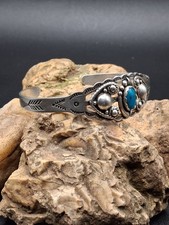 Vintage Fred Harvey Era Turquoise Cuff Bracelet, Signed Symbol Mark, SS, Navajo  - Additional view 2