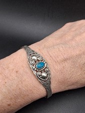 Vintage Fred Harvey Era Turquoise Cuff Bracelet, Signed Symbol Mark, SS, Navajo  - Additional view 5