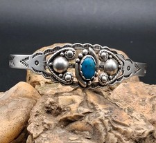 Vintage Fred Harvey Era Turquoise Cuff Bracelet, Signed Symbol Mark, SS, Navajo
