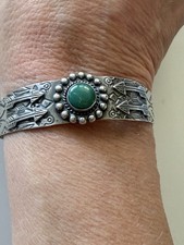 Vintage Southwestern Green Turquoise Silver Fred Harvey Era Cuff Bracelet