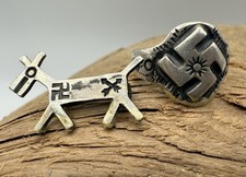 Fred Harvey Era Whirling Logs Silver Ring & Horse Pin Manitou Colo c1930s 2 pc