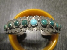 Fred Harvey Era Vintage Navajo Sterling Silver Stamped Turquoise Cuff Bracelet!