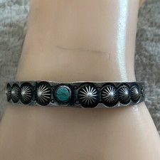 OLD Fred Harvey Era Navajo Sterling Silver Turquoise Reverse Punch Row Bracelet - Additional view 9