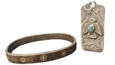 Fred Harvey Navajo Sterling Silver Turquoise Thunderbird Pendant Tag & Bracelet