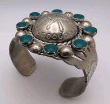 Vintage Fred Harvey Green Turquoise Nickel-Silver Small (Child's?) Cuff Bracelet - Additional view 1