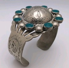Vintage Fred Harvey Green Turquoise Nickel-Silver Small (Child's?) Cuff Bracelet
