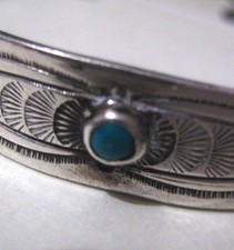 Vtg Slim Cuff Bracelet~ Fred Harvey Silver Turquoise~ Stamped ~ Elegant Stone - Additional view 3