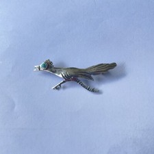 Vintage Fred Harvey Era Silver & Turquoise Roadrunner Brooch Pin