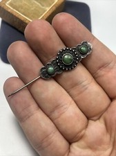Awesome Old Fred Harvey Era Sterling Silver Green Turquoise Tribal Dotted Brooch - Additional view 9