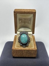 Old Fred Harvey Era Native Sterling Silver Oval Turquoise Tribal Stamped Ring - Additional view 1