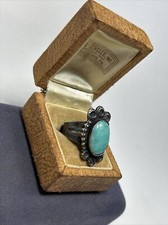 Old Fred Harvey Era Native Sterling Silver Oval Turquoise Tribal Stamped Ring - Additional view 2
