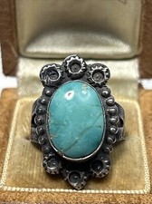 Old Fred Harvey Era Native Sterling Silver Oval Turquoise Tribal Stamped Ring - Additional view 11