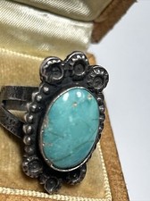 Old Fred Harvey Era Native Sterling Silver Oval Turquoise Tribal Stamped Ring - Additional view 12