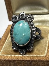 Old Fred Harvey Era Native Sterling Silver Oval Turquoise Tribal Stamped Ring - Additional view 13