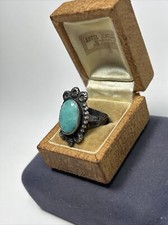 Old Fred Harvey Era Native Sterling Silver Oval Turquoise Tribal Stamped Ring - Additional view 3