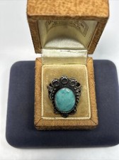 Old Fred Harvey Era Native Sterling Silver Oval Turquoise Tribal Stamped Ring - Additional view 4