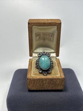 Old Fred Harvey Era Native Sterling Silver Oval Turquoise Tribal Stamped Ring - Additional view 5