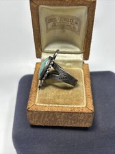 Old Fred Harvey Era Native Sterling Silver Oval Turquoise Tribal Stamped Ring - Additional view 8