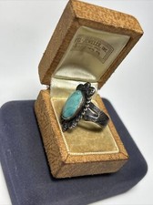 Old Fred Harvey Era Native Sterling Silver Oval Turquoise Tribal Stamped Ring - Additional view 9