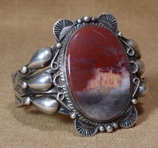 Fred Harvey Era, 1951 Cuff Bracelet, Silver & Picture Jasper, Native American
