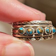FRED HARVEY ERA UNUSUAL TURQUOISE SNAKE EYE 5-BAND COIN/STERLING RING; CARVINGS - Additional view 1