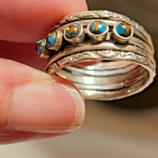 FRED HARVEY ERA UNUSUAL TURQUOISE SNAKE EYE 5-BAND COIN/STERLING RING; CARVINGS - Additional view 2