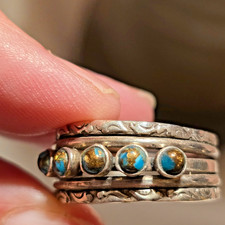 FRED HARVEY ERA UNUSUAL TURQUOISE SNAKE EYE 5-BAND COIN/STERLING RING; CARVINGS - Additional view 3