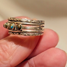 FRED HARVEY ERA UNUSUAL TURQUOISE SNAKE EYE 5-BAND COIN/STERLING RING; CARVINGS - Additional view 4