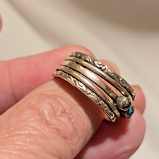 FRED HARVEY ERA UNUSUAL TURQUOISE SNAKE EYE 5-BAND COIN/STERLING RING; CARVINGS - Additional view 5