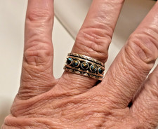 FRED HARVEY ERA UNUSUAL TURQUOISE SNAKE EYE 5-BAND COIN/STERLING RING; CARVINGS - Additional view 7