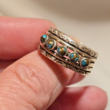 FRED HARVEY ERA UNUSUAL TURQUOISE SNAKE EYE 5-BAND COIN/STERLING RING; CARVINGS