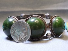 Fred Harvey Era NAVAJO Green TURQUOISE Stamped Coin Silver 40g Cuff Bracelet - Additional view 3