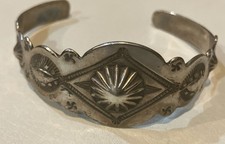 Fred Harvey Era Navajo Native Sterling Silver Concho Stamped Cuff Bracelet